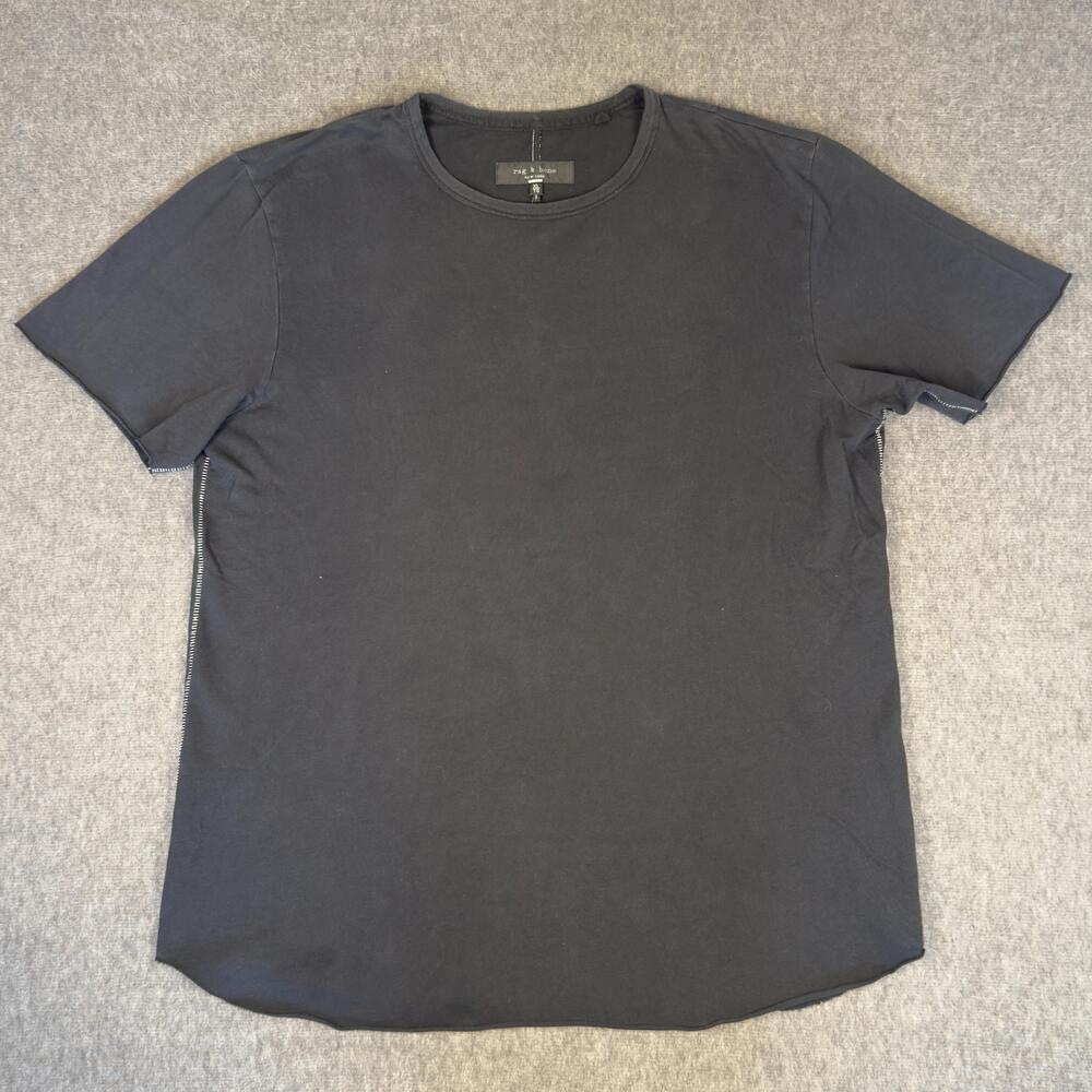 Rag & Bone Shirt Mens XL Black Cotton Crewneck T-Shirt Curved Hem White Stitch